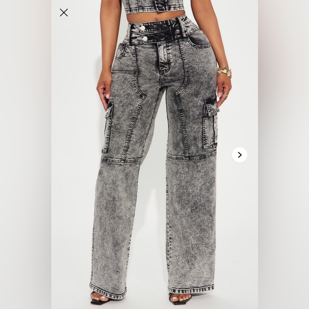 Acid-Wash Gray Cargo Denim Pants